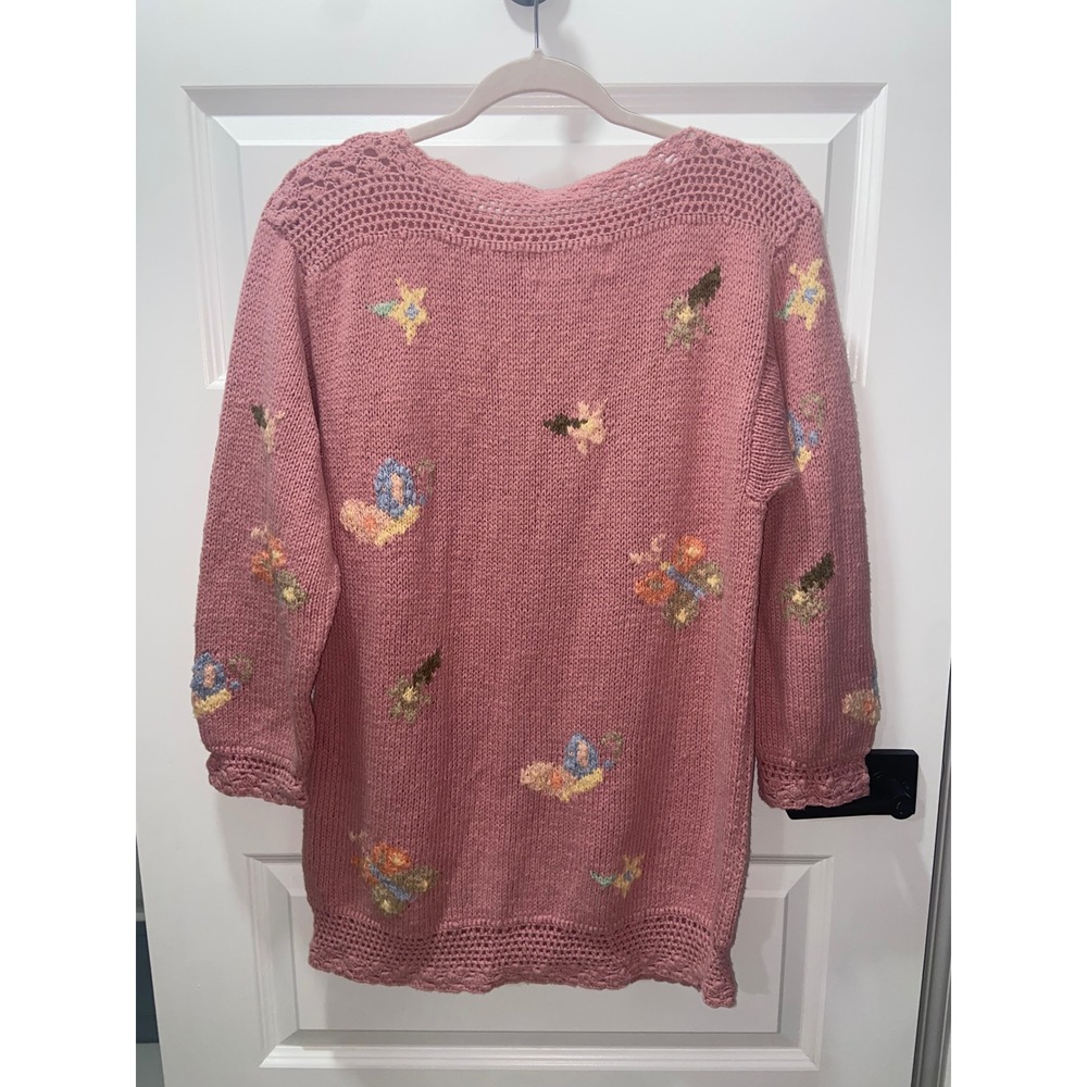Melbourne Elements Hand Knit Floral Sweater Pink Crochet Trim Ramie Cotton Small - Picture 4 of 6